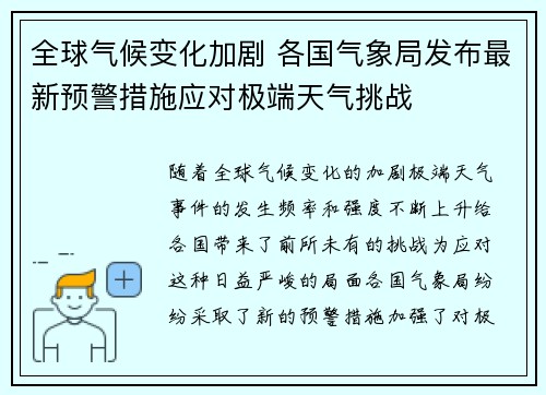 全球气候变化加剧 各国气象局发布最新预警措施应对极端天气挑战